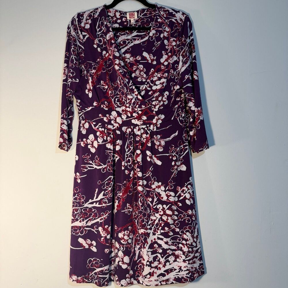 VIVIENNE VIV TAM Plum Floral Dress Sz Medium Stretch V-Neck 3/4 Sleeve Faux Wrap